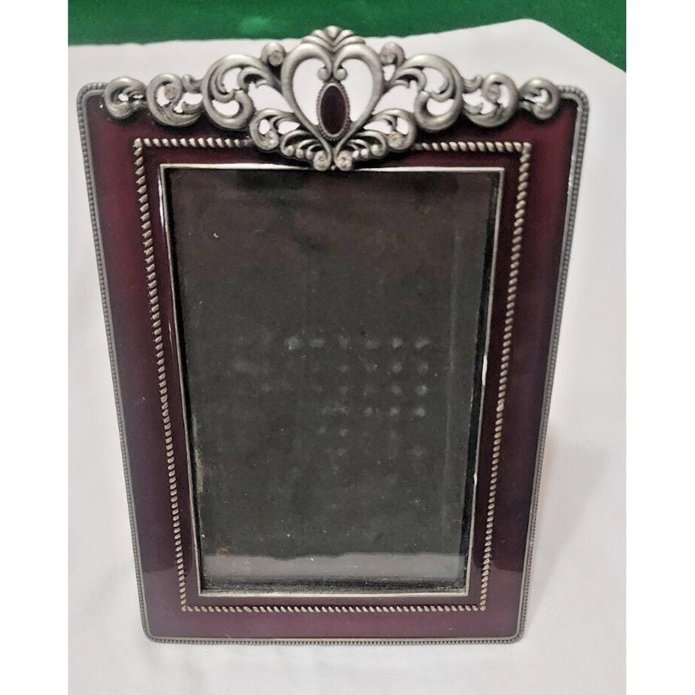 Vintage Ornate Burgundy Enamel Silver Tone Filigree Rhinestone 4x6 Picture Frame
